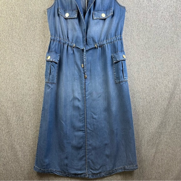 Studio F Sleeveless Blue Rayon ‘Denim’ Dress Drawstring Cinch Waist Womens Sz 6 - Picture 4 of 7